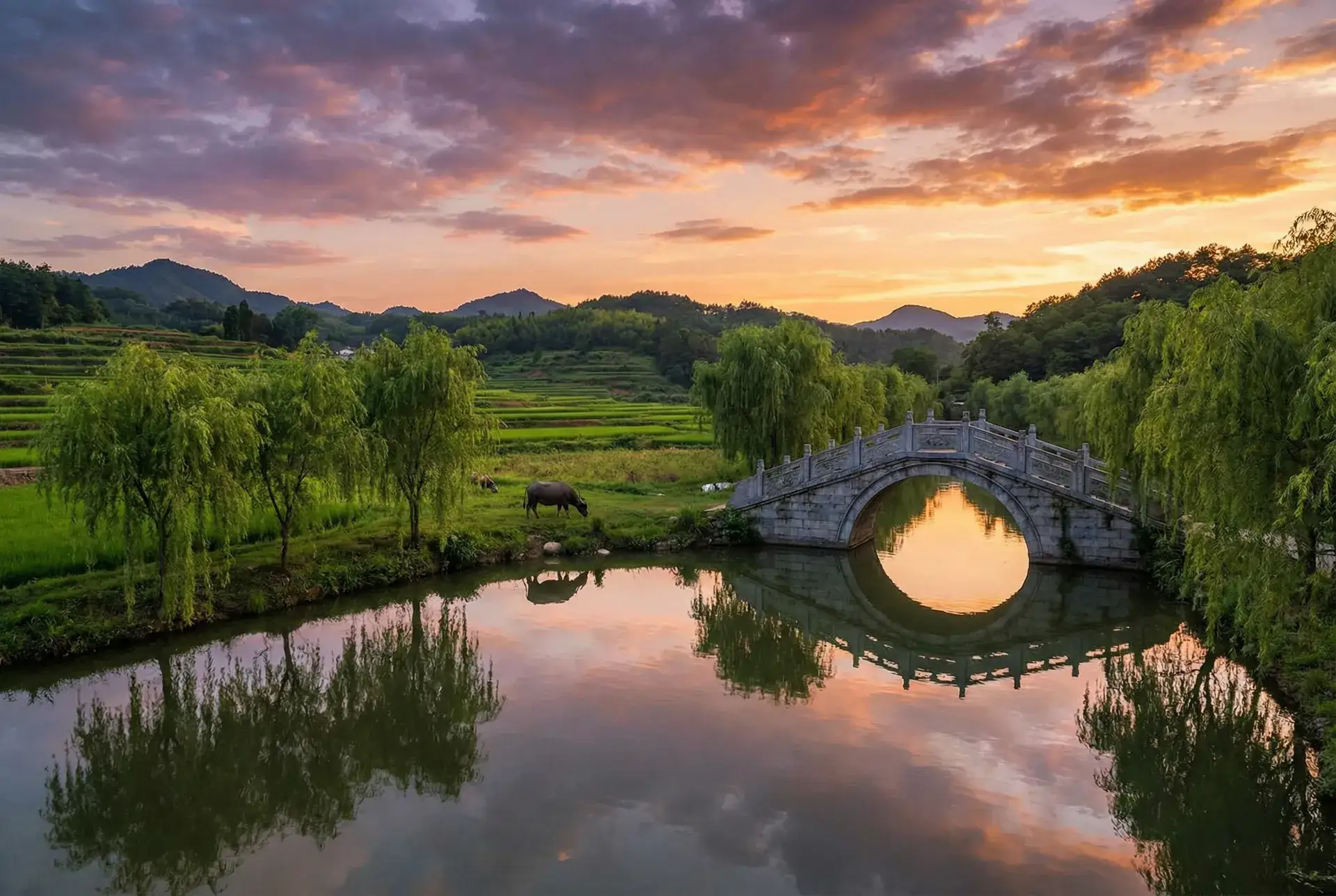 夕阳下的石拱桥与垂柳，水牛在河边吃草 - 娼年在线版 乡村美景